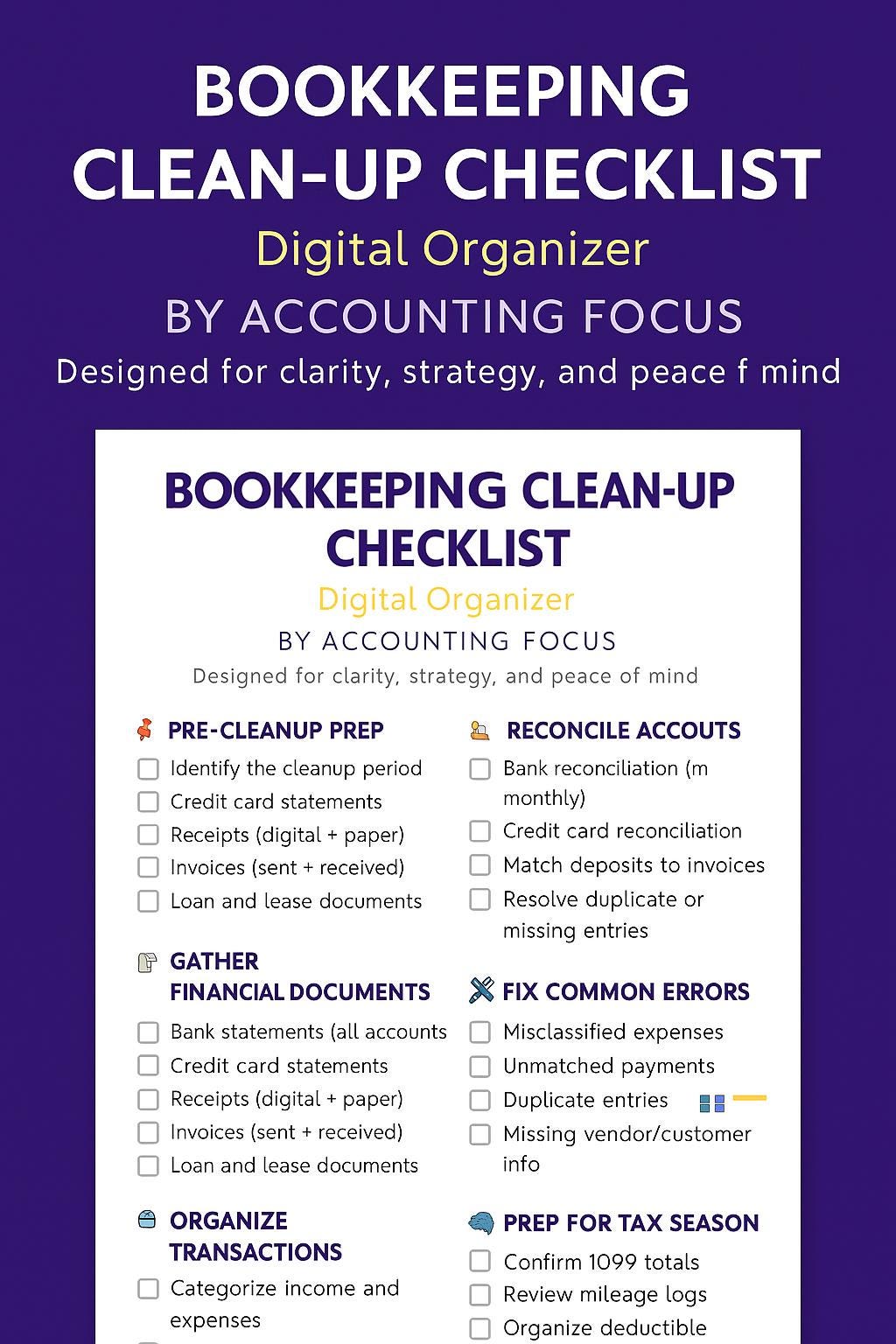 Bookkeeping Clean-Up Checklist (Digital Download), Organize Finances
